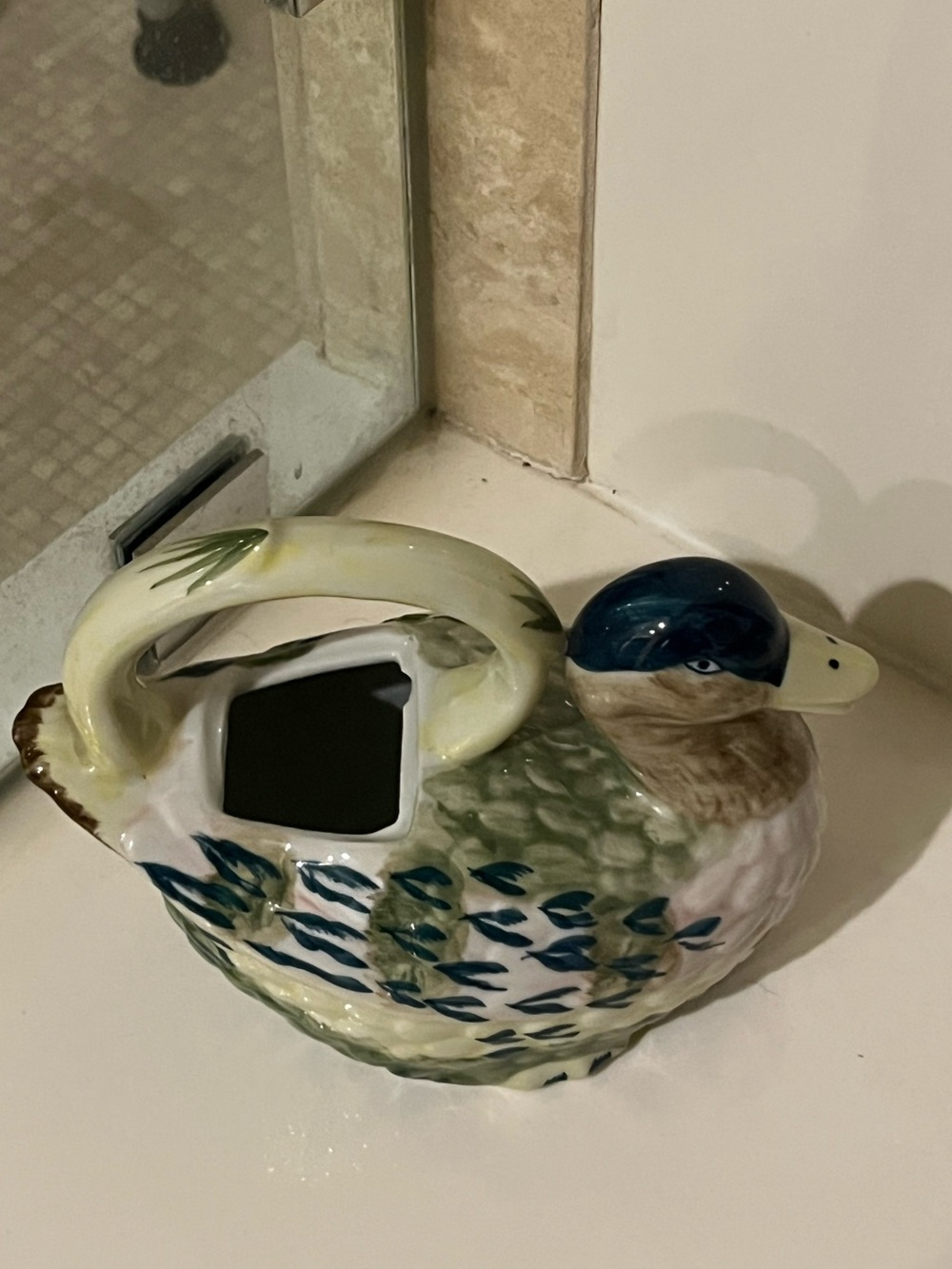 Hand-Painted Ceramic Duck Planter in Blue, Green and Cream